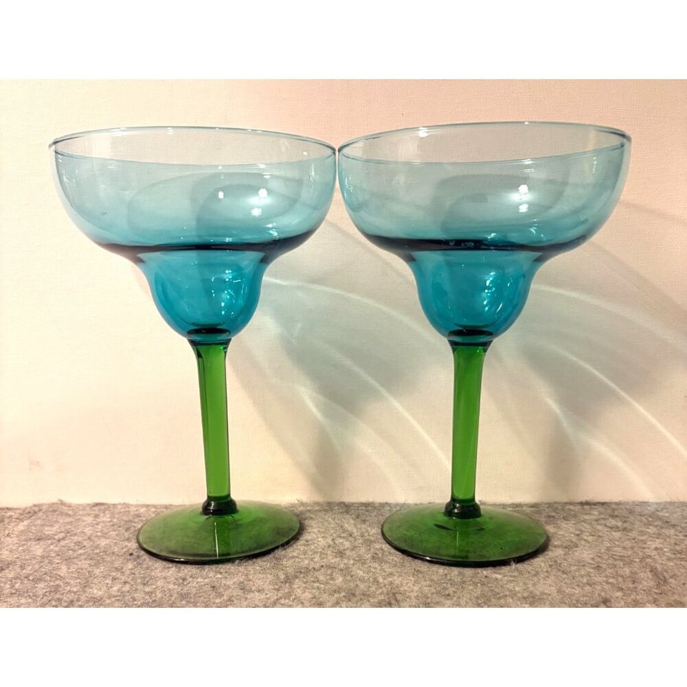 Two Green and Blue Margarita Glasses  7" Tall  Blown Glass  # 3323